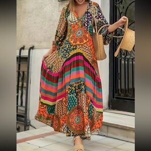 Boho floral print V neck loose fit maxi dress